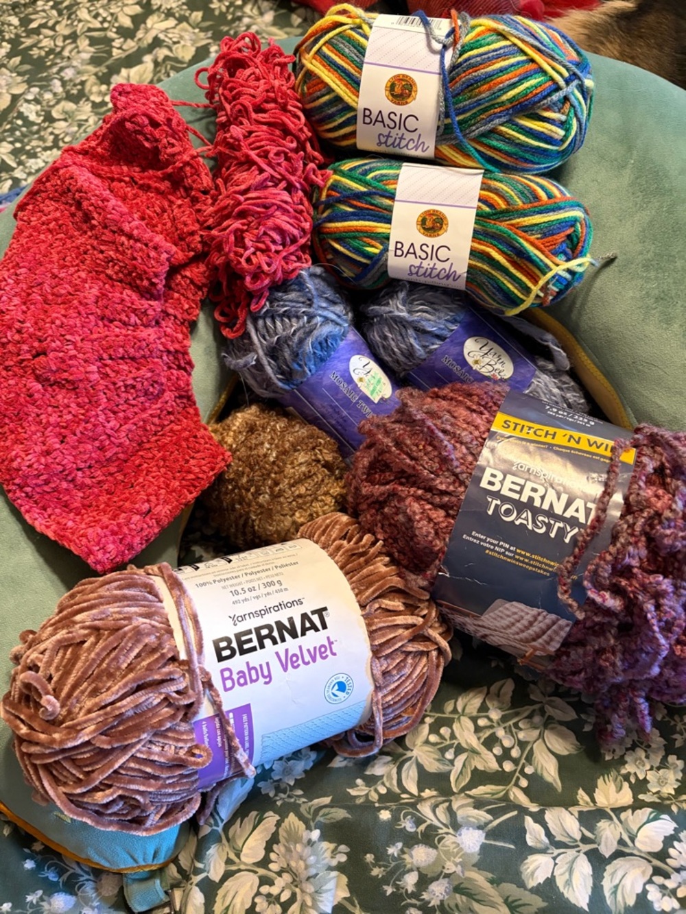 Bernat Baby Velvet & Assorted Yarn Bundle with Raspberry crochet beret started